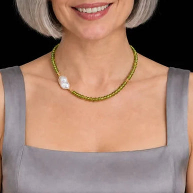 Halskette – Peridot – Barockperle – weiss