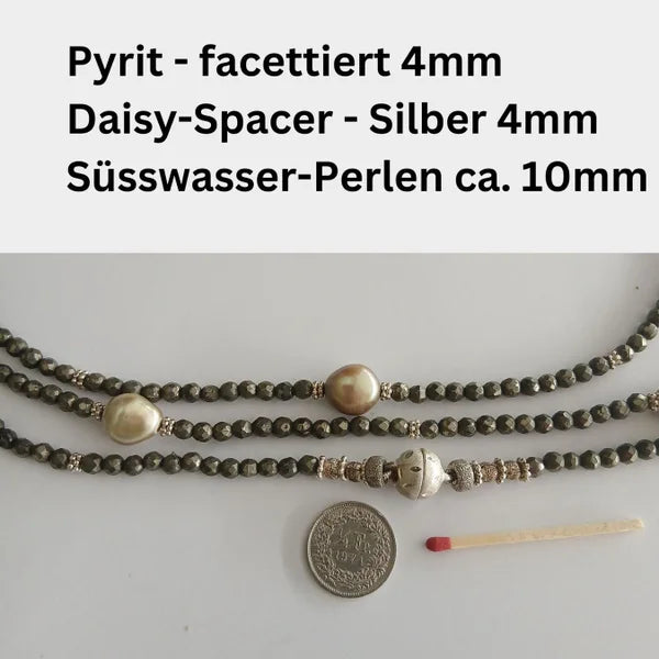 Halskette – Pyrit – Süsswasser-Perlen – 150 cm
